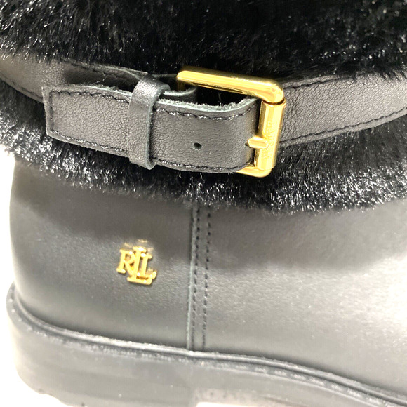 Lauren Ralph Lauren Evanston boots black leather and faux fur pull on style 8.5M - Picture 6 of 10